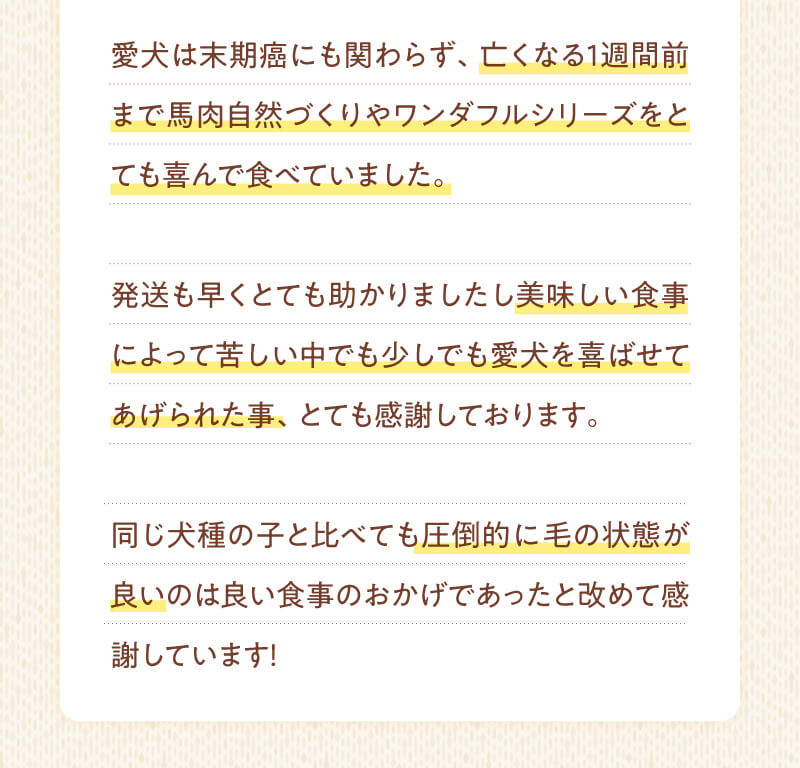 亡くなる1週間前まで馬肉自然づくりやワンダフルシリーズをとても喜んで食べていました